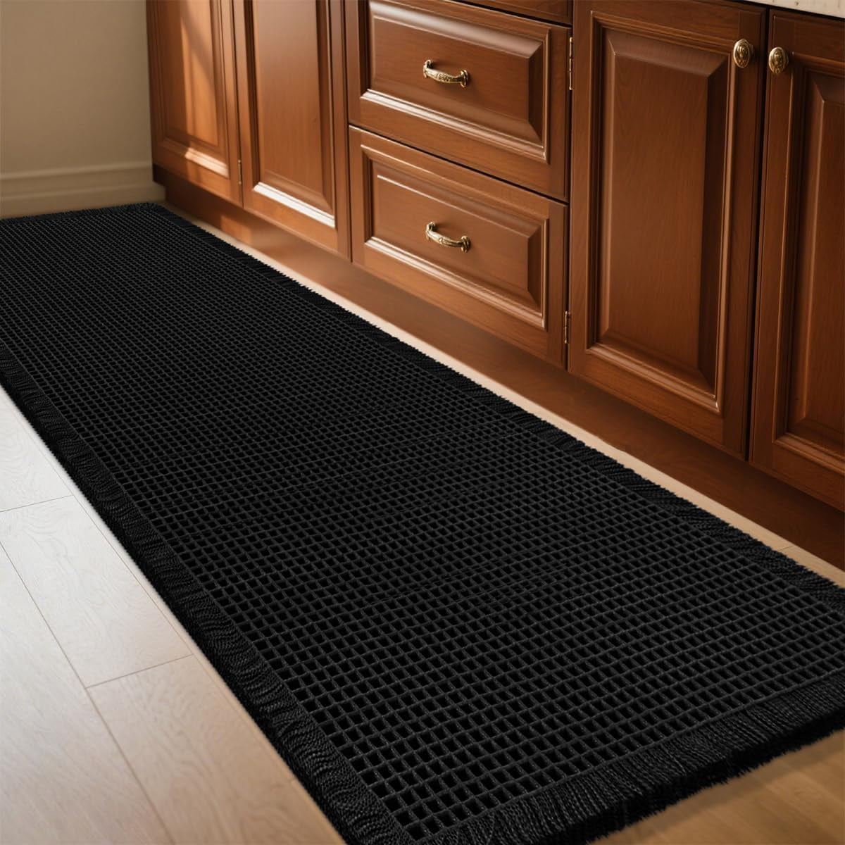 Extra Large Waffle Bath Mat Black 6'x2'(72" x 24"), Boho Woven Modern Bath Mat Rugs, Absorbent Non Slip Bathroom Rugs, Soft Washable Bath Rugs with Tassels for Bathroom, Bedroom, Kitchen, Shower, Tub