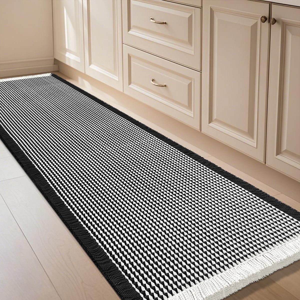 Extra Large Waffle Bath Mat Black & Cream 6'x2'(72" x 24"), Boho Woven Modern Bath Mat Rugs, Absorbent Non Slip Bathroom Rugs, Soft Washable Bath Rugs with Tassels for Bathroom