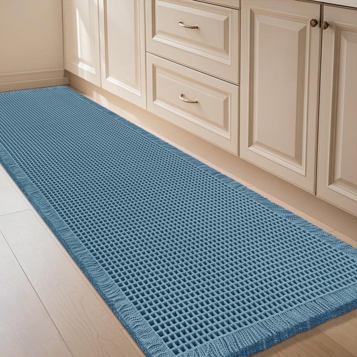 Extra Large Waffle Bath Mat Blue 6'x2'(72" x 24"), Boho Woven Modern Bath Mat Rugs, Absorbent Non Slip Bathroom Rugs, Soft Washable Bath Rugs with Tassels for Bedroom, Kitchen, Shower, Tub