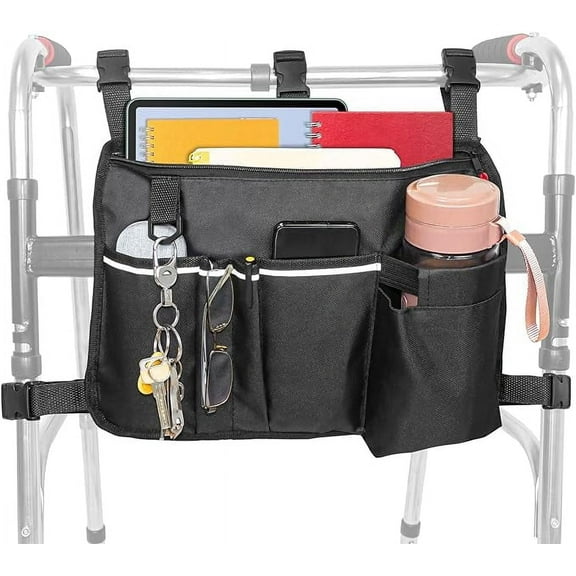 Extra Large Walker Bag with Water Cup Holder,Walker Basket,Foldable Walker Storage Bag,Side Walker Bag,Walker Side Access Bag Organizer Pouch Tote,Scooters or Rollator Walkers,16*11inch,Black
