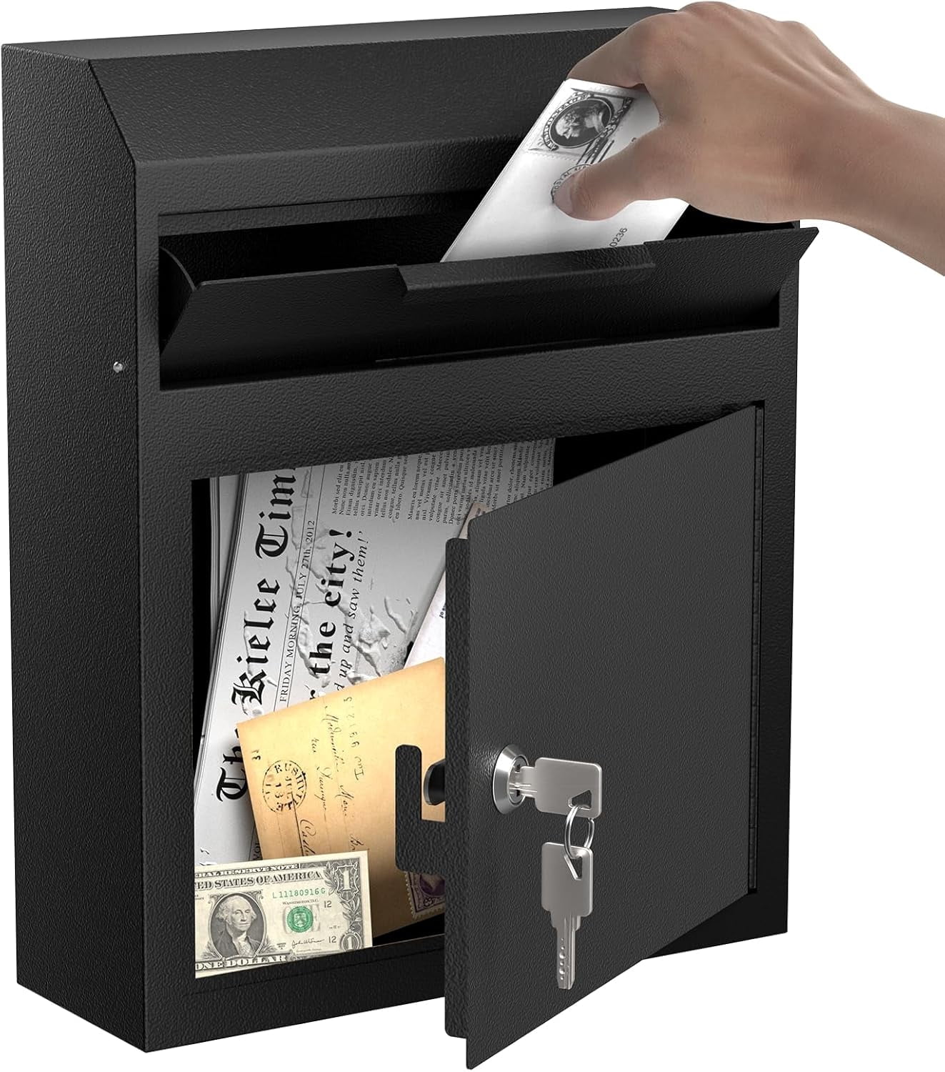Pochar Extra Large Wall Mounted Mailbox Drop Box with Lock, Metal Postbox Wall Hanging Mail Box for Outside 12'' x 4.25'' x 14.75'' Black