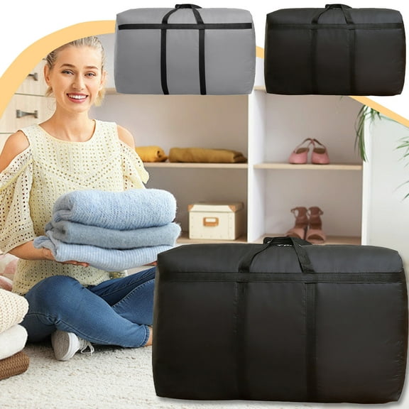 Extra Large Waterproof Fabric Moving Bag for Clothes, Quilts, Bedding - 80x45x25cm Reinforced Storage Organizer with Clear Window, Heavy-Duty Zipper, Handles - Home, Closet, RV Use - Black/Gray