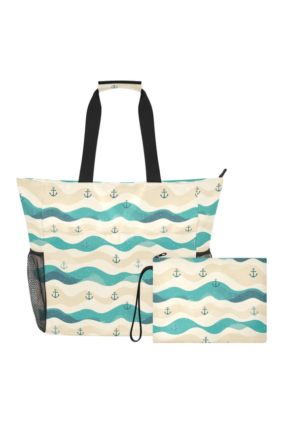 Extra Large Wave Anchor Beach Bag for Women Waterproof Tote with Zipper Pockets