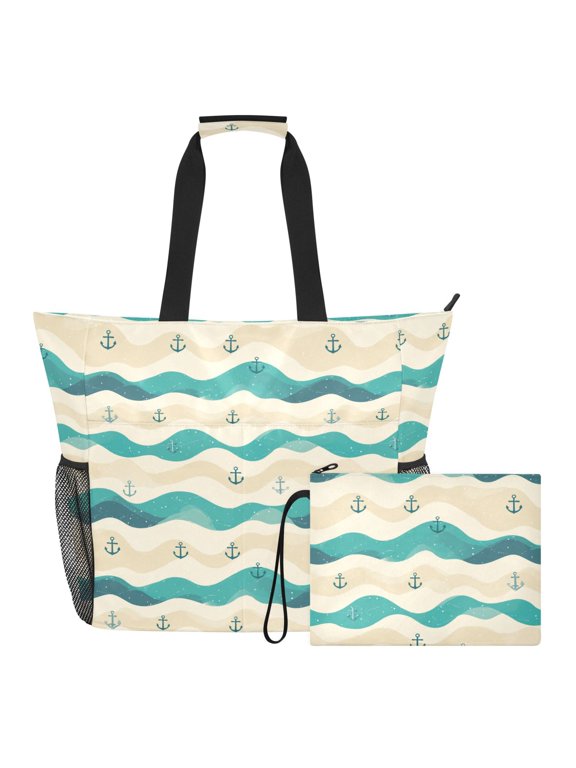 Extra Large Wave Anchor Beach Bag for Women Waterproof Tote with Zipper Pockets
