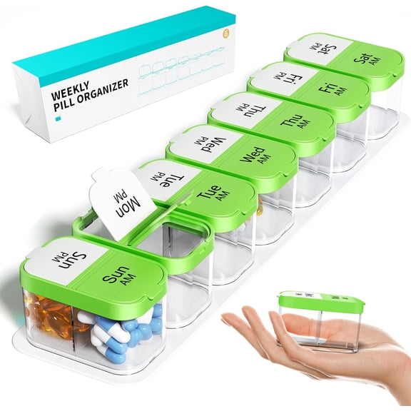 Extra Large Weekly Pill Organizer 2 Times A Day, Pill Box 7 Day Am Pm to Hold Daily Medicine Vitamin and Supplements - Green