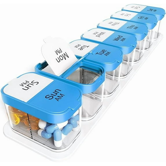 Extra Large Weekly Pill Organizer 2 Times A Day, XL Pill Box 7 Day Am Pm, Jumbo Medicine Organizer to Hold Daily Medicine Vitamin and Supplements - Blue
