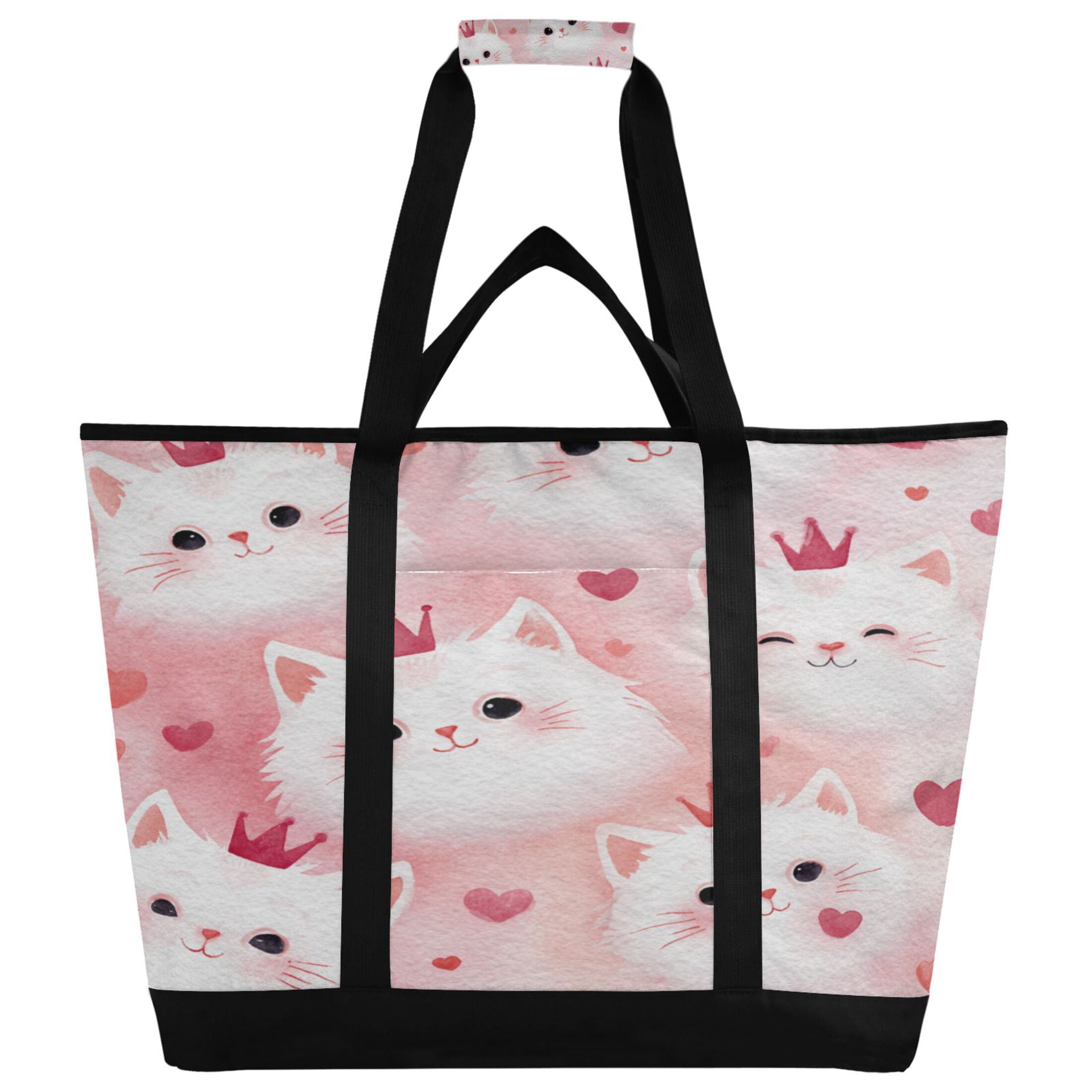 Extra-Large Wide Opening Design Capacity Hand-Held Ice Pack Thickened Insulation Layer For Long-Lasting Cold Retention For Outdoor Shopping Picnics And Camping Adorable White Cat Faces