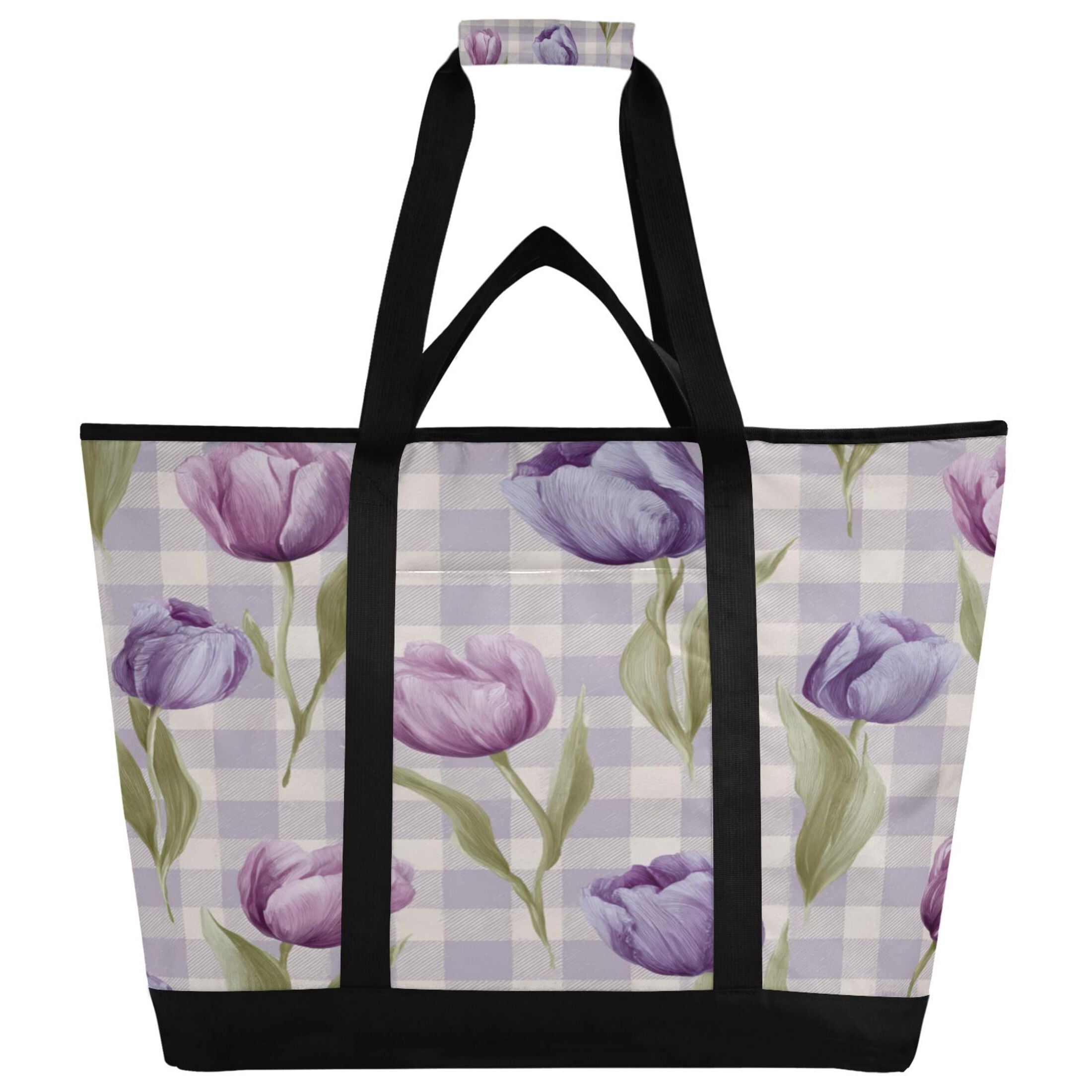 Extra-Large Wide Opening Design Capacity Hand-Held Ice Pack Thickened Insulation Layer For Long-Lasting Cold Retention For Outdoor Shopping Picnics And Camping Beautiful Pinkish-purple Tulips