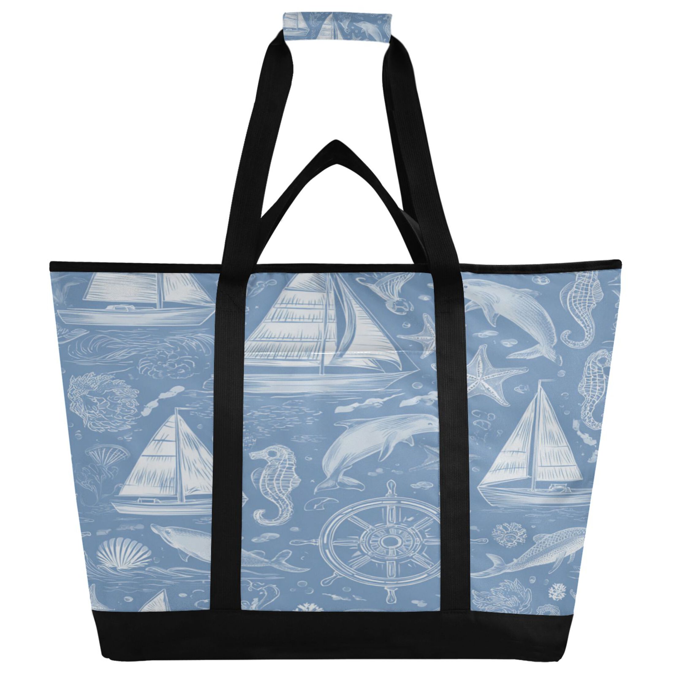 Extra-Large Wide Opening Design Capacity Hand-Held Ice Pack Thickened Insulation Layer For Long-Lasting Cold Retention For Outdoor Shopping Picnics And Camping Blue Nautical Style Pattern