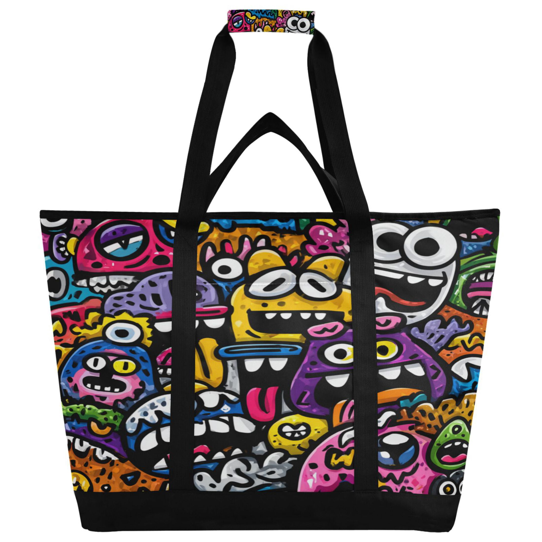 Extra-Large Wide Opening Design Capacity Hand-Held Ice Pack Thickened Insulation Layer For Long-Lasting Cold Retention For Outdoor Shopping Picnics And Camping Colorful Cartoon Monsters