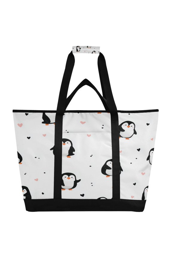 Extra-Large Wide Opening Design Capacity Hand-Held Ice Pack Thickened Insulation Layer For Long-Lasting Cold Retention For Outdoor Shopping Picnics And Camping Charming Penguin Doodle Pattern