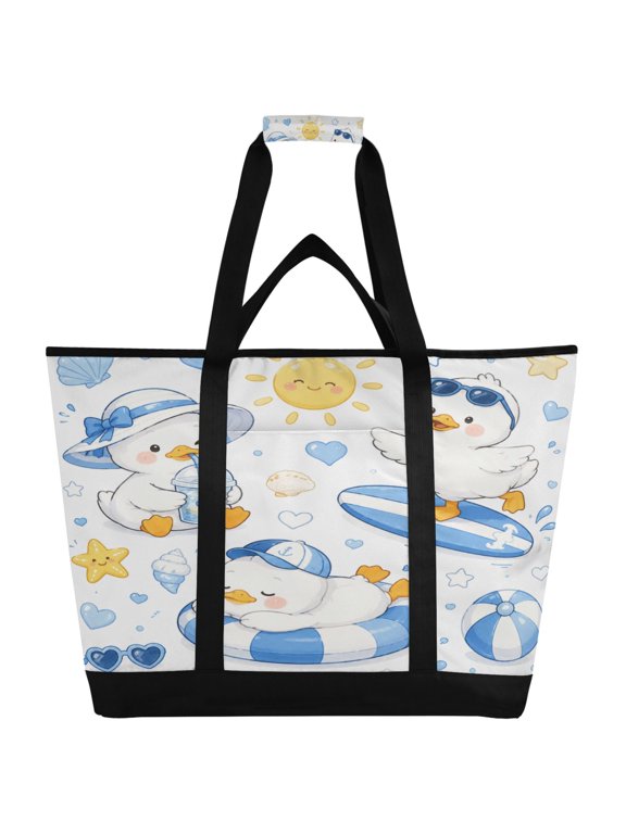 Extra-Large Wide Opening Design Capacity Hand-Held Ice Pack Thickened Insulation Layer For Long-Lasting Cold Retention For Outdoor Shopping Picnics And Camping Cute Summer Ducks Graphic