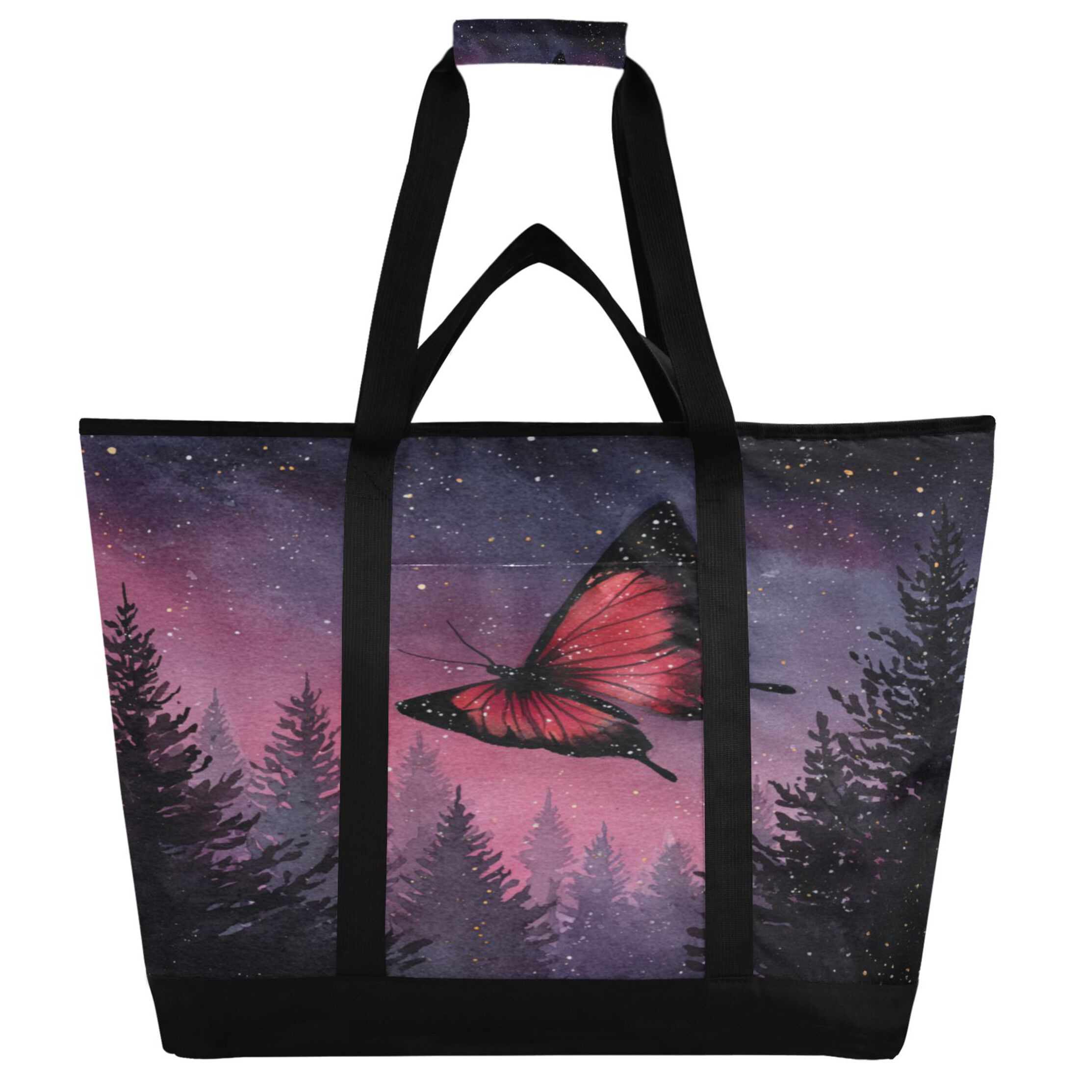 Extra-Large Wide Opening Design Capacity Hand-Held Ice Pack Thickened Insulation Layer For Long-Lasting Cold Retention For Outdoor Shopping Picnics And Camping An Elegant Red Butterfly