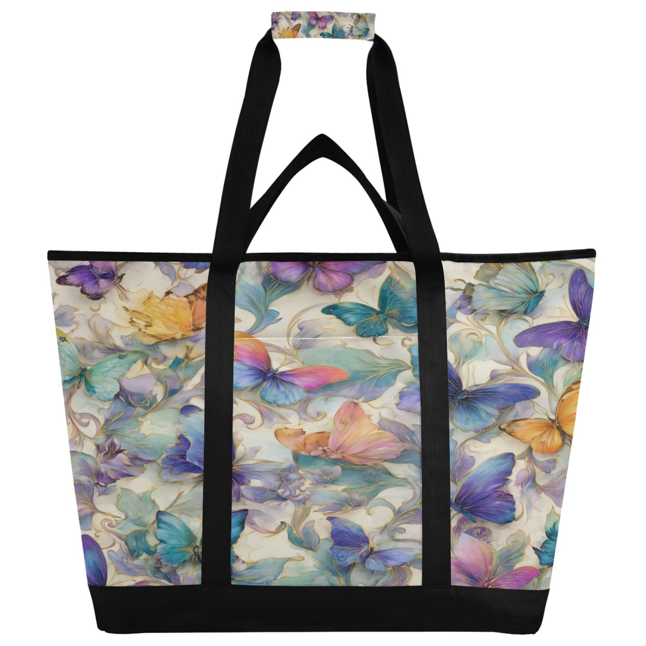 Extra-Large Wide Opening Design Capacity Hand-Held Ice Pack Thickened Insulation Layer For Long-Lasting Cold Retention For Outdoor Shopping Picnics And Camping Elegant Watercolor Butterfly Painting