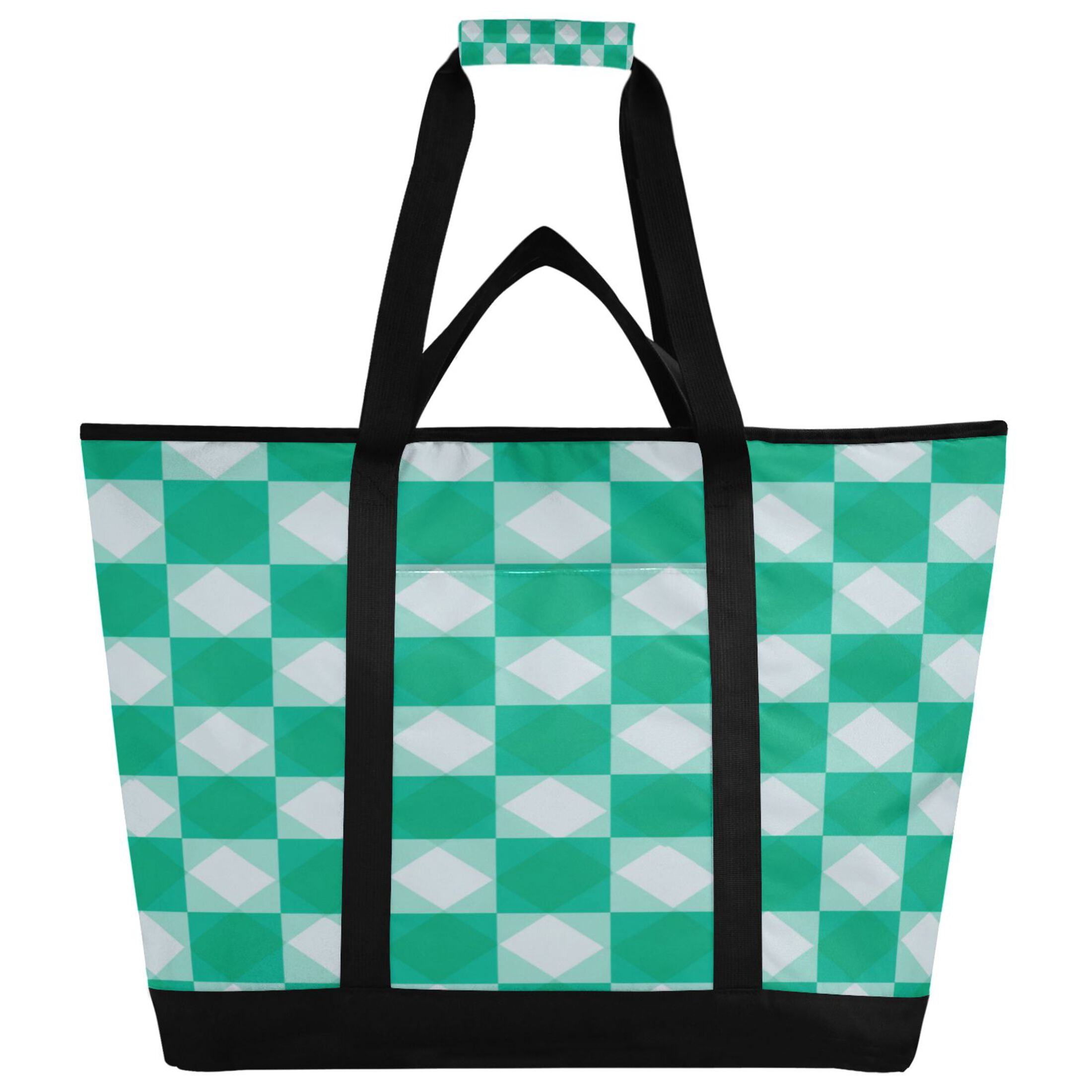 Extra-Large Wide Opening Design Capacity Hand-Held Ice Pack Thickened Insulation Layer For Long-Lasting Cold Retention For Outdoor Shopping Picnics And Camping Emerald Green Squares