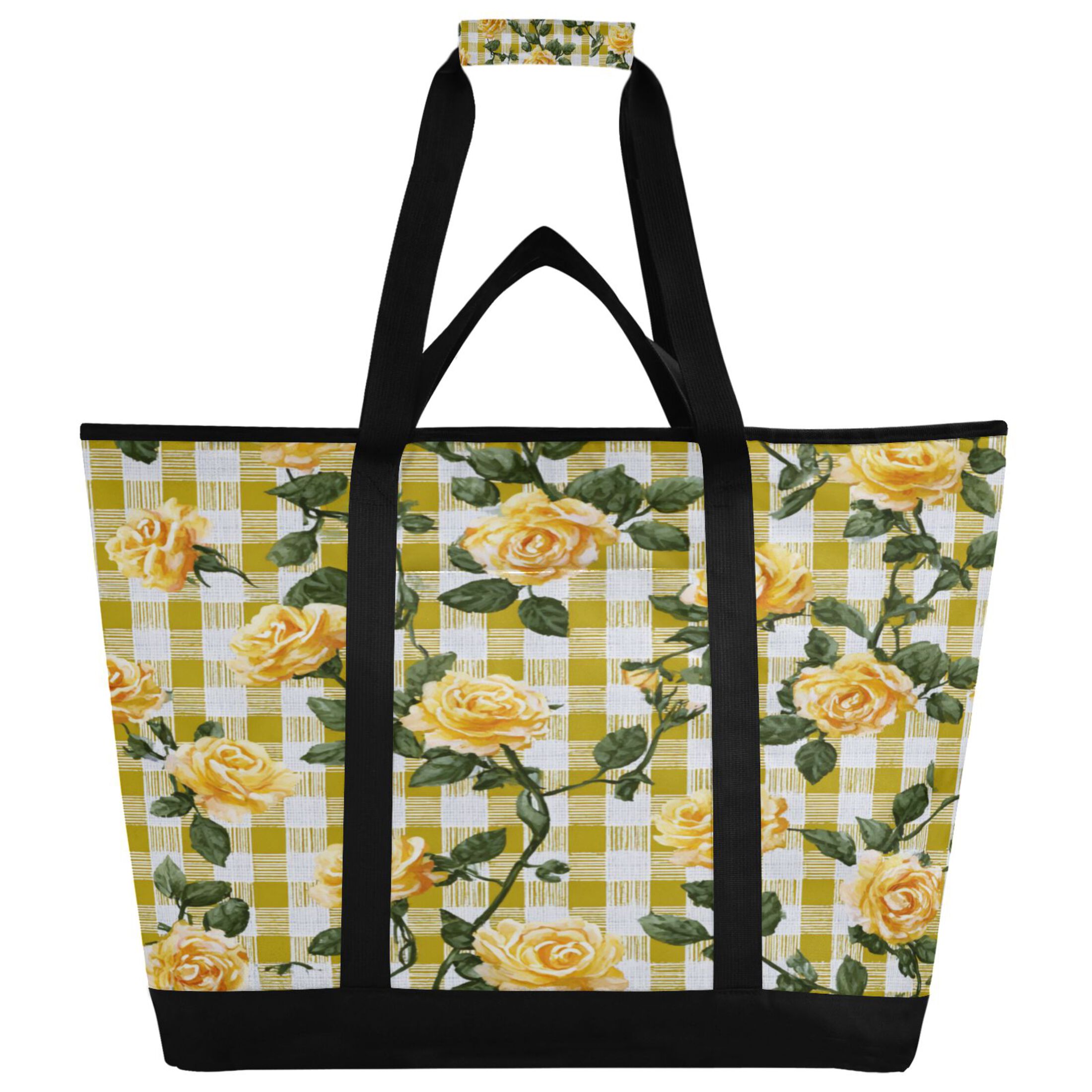 Extra-Large Wide Opening Design Capacity Hand-Held Ice Pack Thickened Insulation Layer For Long-Lasting Cold Retention For Outdoor Shopping Picnics And Camping Gingham Pattern Yellow Roses
