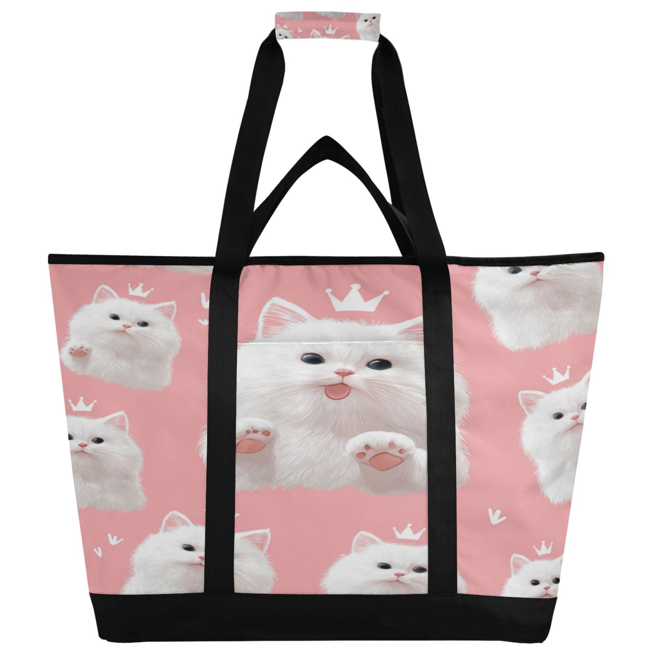 Extra-Large Wide Opening Design Capacity Hand-Held Ice Pack Thickened Insulation Layer For Long-Lasting Cold Retention For Outdoor Shopping Picnics And Camping Happy White Cat Face