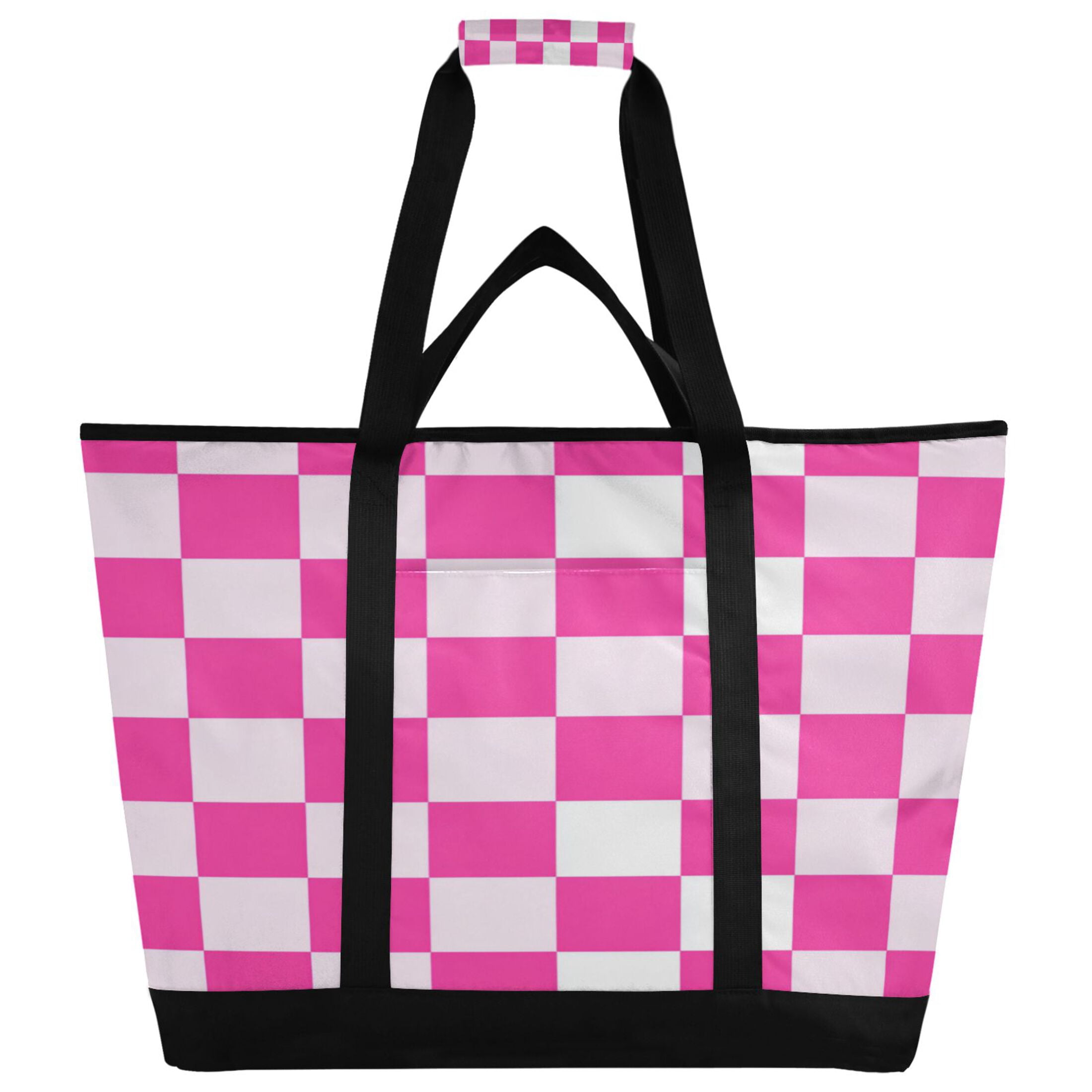 Extra-Large Wide Opening Design Capacity Hand-Held Ice Pack Thickened Insulation Layer For Long-Lasting Cold Retention For Outdoor Shopping Picnics And Camping Hot Pink Checkered Pattern
