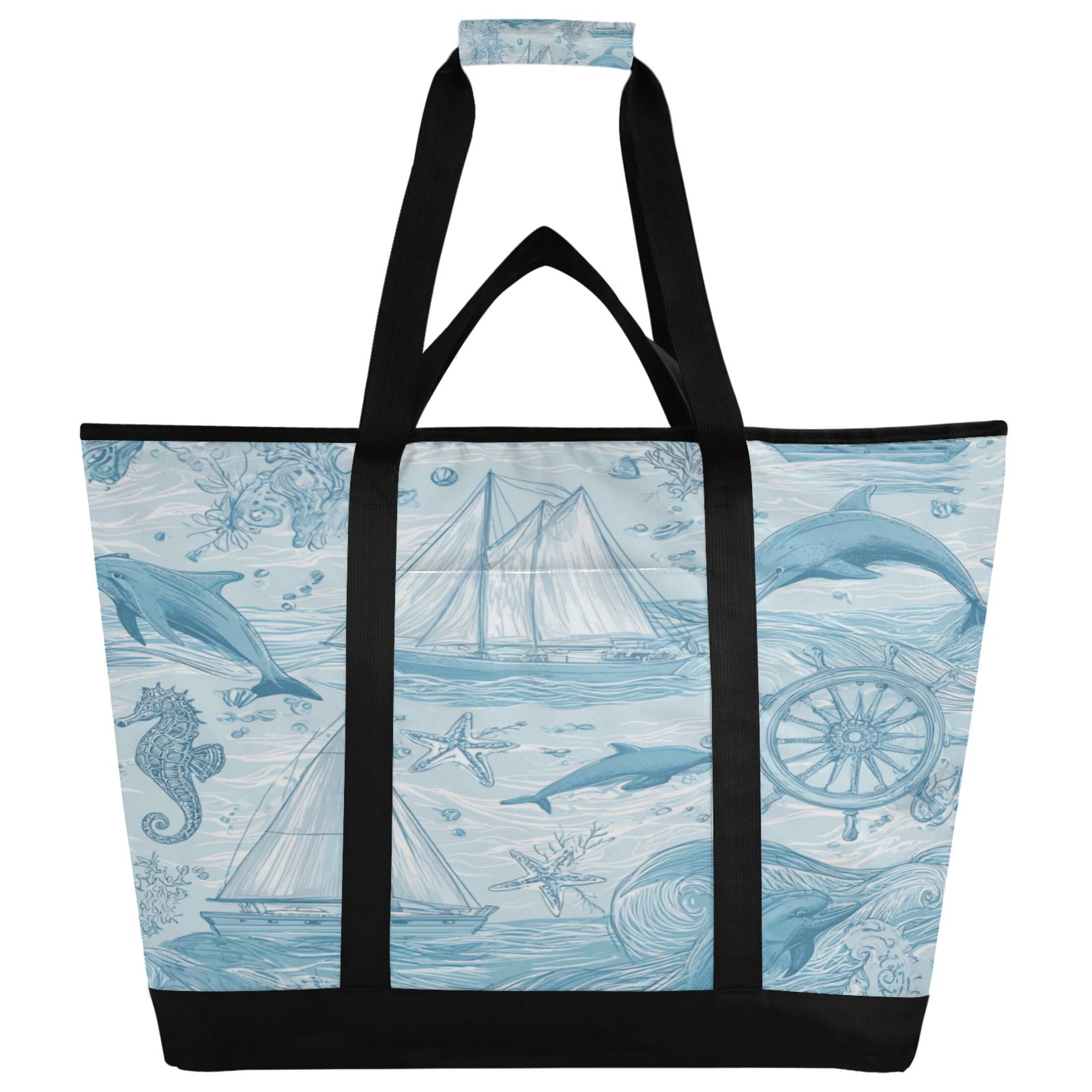 Extra-Large Wide Opening Design Capacity Hand-Held Ice Pack Thickened Insulation Layer For Long-Lasting Cold Retention For Outdoor Shopping Picnics And Camping Light Blue Dolphins Nautical Pattern