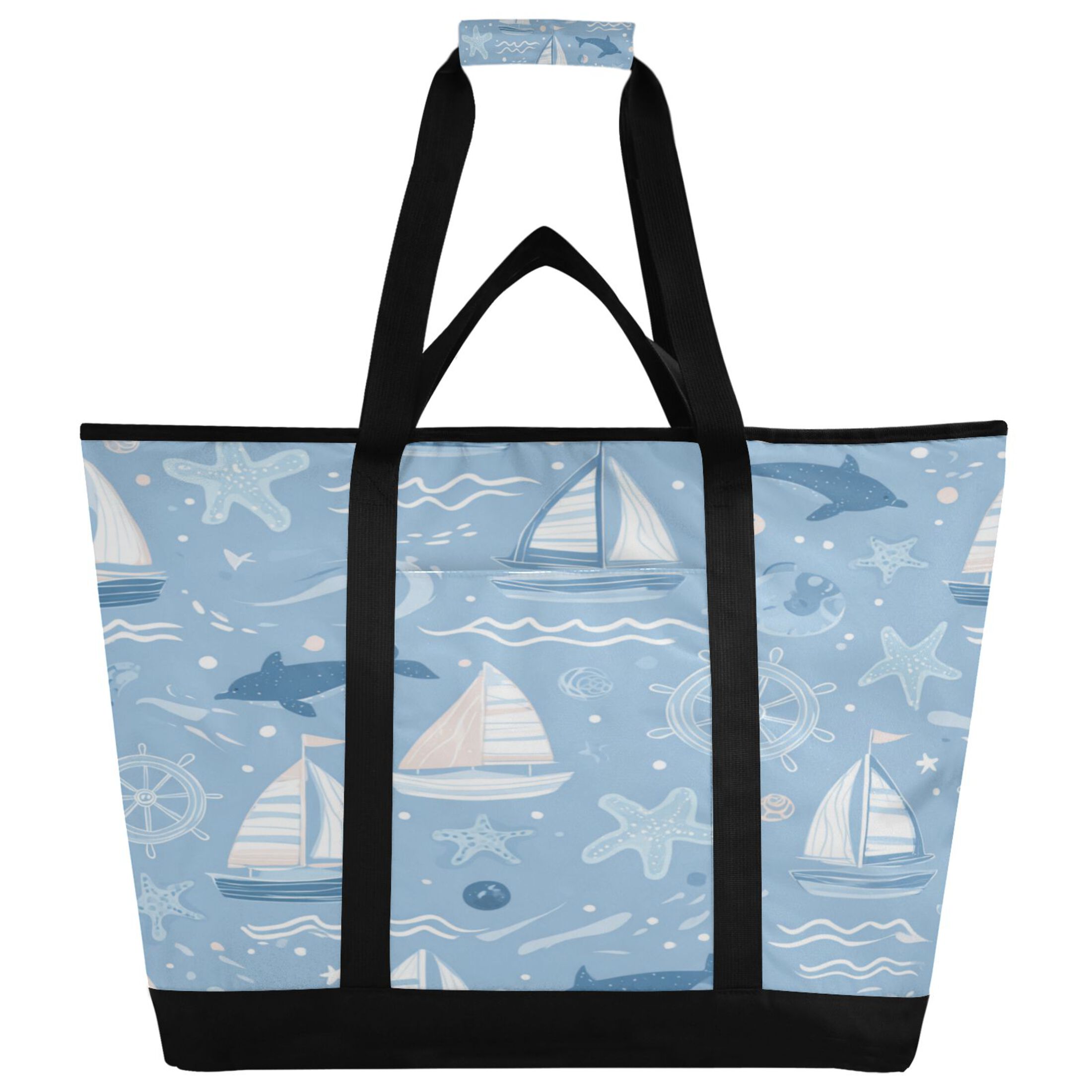 Extra-Large Wide Opening Design Capacity Hand-Held Ice Pack Thickened Insulation Layer For Long-Lasting Cold Retention For Outdoor Shopping Picnics And Camping Light Blue Marine Animal Design