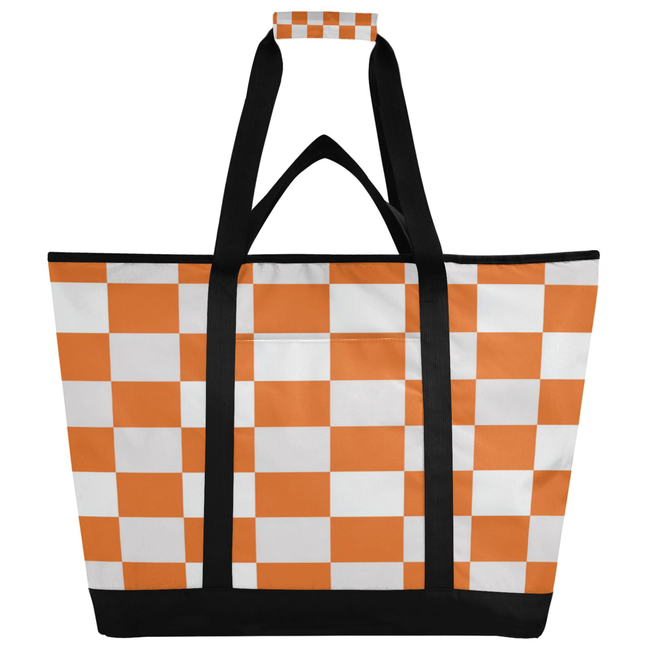 Extra-Large Wide Opening Design Capacity Hand-Held Ice Pack Thickened Insulation Layer For Long-Lasting Cold Retention For Outdoor Shopping Picnics And Camping Orange Checkerboard