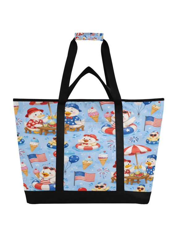 Extra-Large Wide Opening Design Capacity Hand-Held Ice Pack Thickened Insulation Layer For Long-Lasting Cold Retention For Outdoor Shopping Picnics And Camping Patriotic Summer Ducks Design