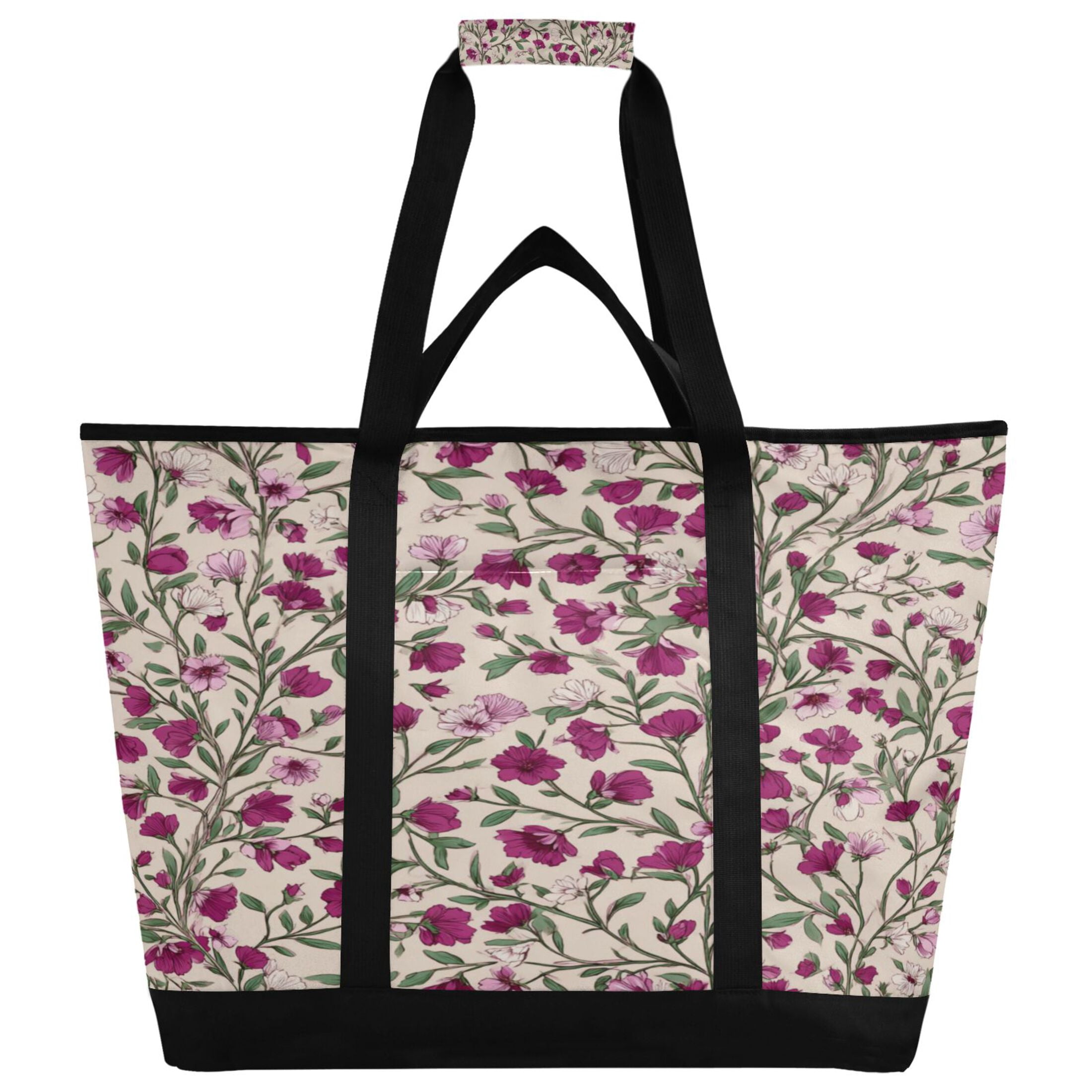 Extra-Large Wide Opening Design Capacity Hand-Held Ice Pack Thickened Insulation Layer For Long-Lasting Cold Retention For Outdoor Shopping Picnics And Camping Red-pink Magenta Flowers