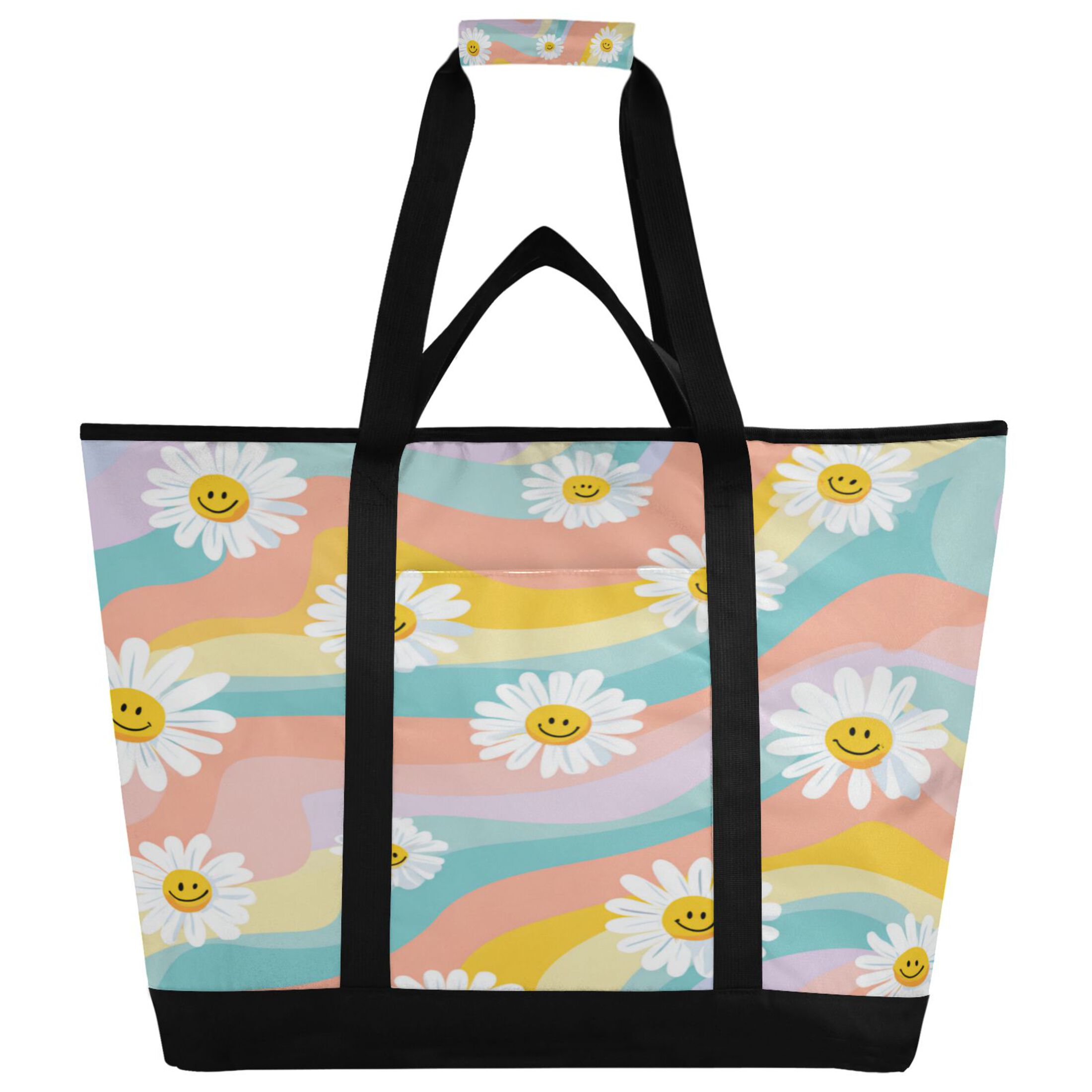 Extra-Large Wide Opening Design Capacity Hand-Held Ice Pack Thickened Insulation Layer For Long-Lasting Cold Retention For Outdoor Shopping Picnics And Camping Smiling Daisies with Rainbow