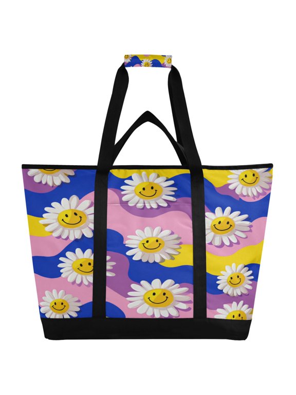 Extra-Large Wide Opening Design Capacity Hand-Held Ice Pack Thickened Insulation Layer For Long-Lasting Cold Retention For Outdoor Shopping Picnics And Camping Smiling Daisies on Assorted Backgrounds