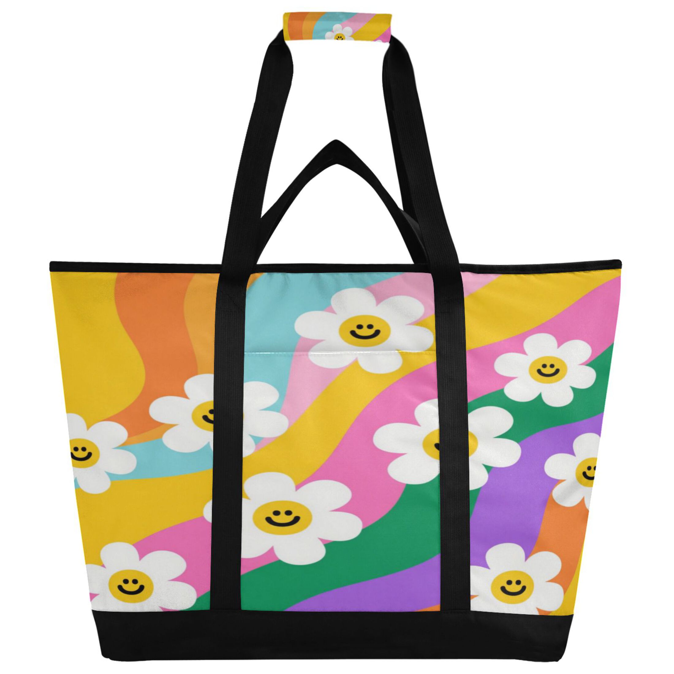 Extra-Large Wide Opening Design Capacity Hand-Held Ice Pack Thickened Insulation Layer For Long-Lasting Cold Retention For Outdoor Shopping Picnics And Camping Smiley Daisy on Rainbow Background