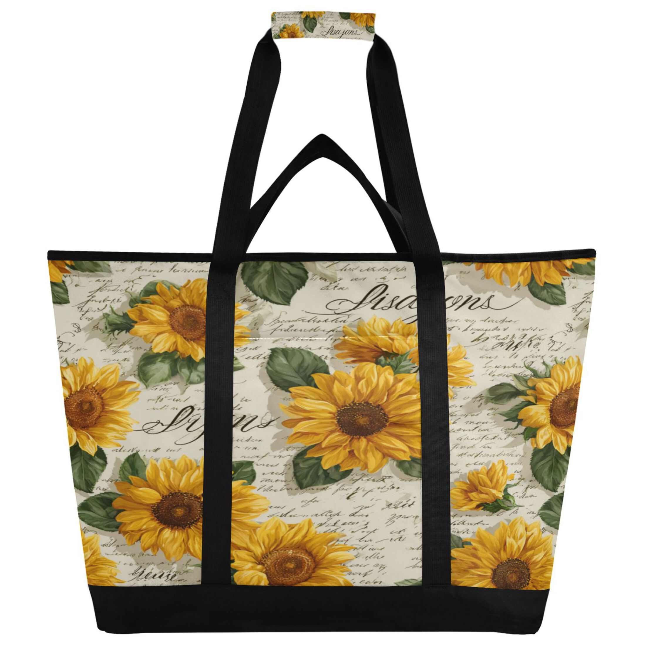 Extra-Large Wide Opening Design Capacity Hand-Held Ice Pack Thickened Insulation Layer For Long-Lasting Cold Retention For Outdoor Shopping Picnics And Camping Vintage Paper with Sunflowers