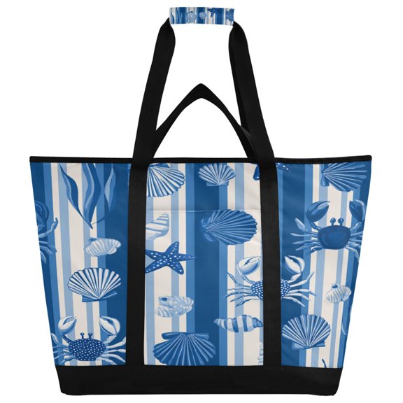 Extra-Large Wide Opening Design Capacity Hand-Held Ice Pack Thickened Insulation Layer For Long-Lasting Cold Retention For Outdoor Shopping Picnics And Camping Vibrant Indigo Beach Print