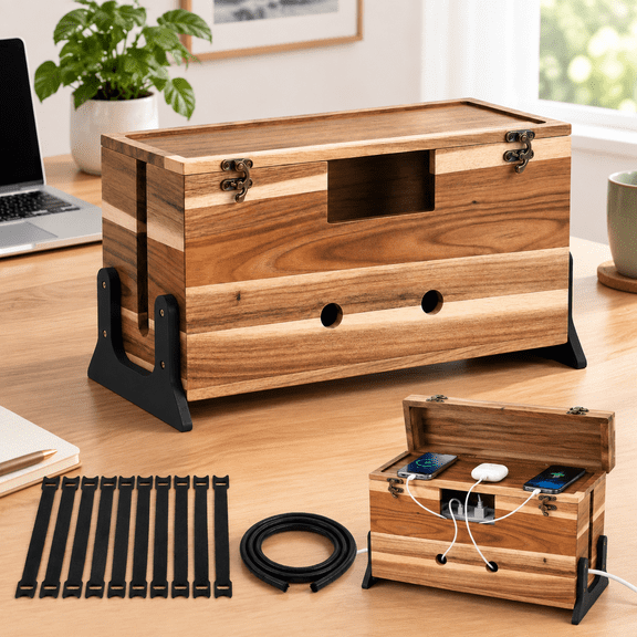 Extra Large Wood Cable Management Box with Dual Locks and Magnetic Lid
