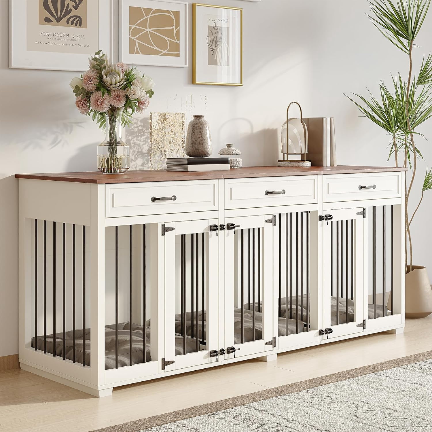 View of Extra Large Wooden Dog Crate with 2 Dividers, 3 Drawers, and 3 Lockable ...