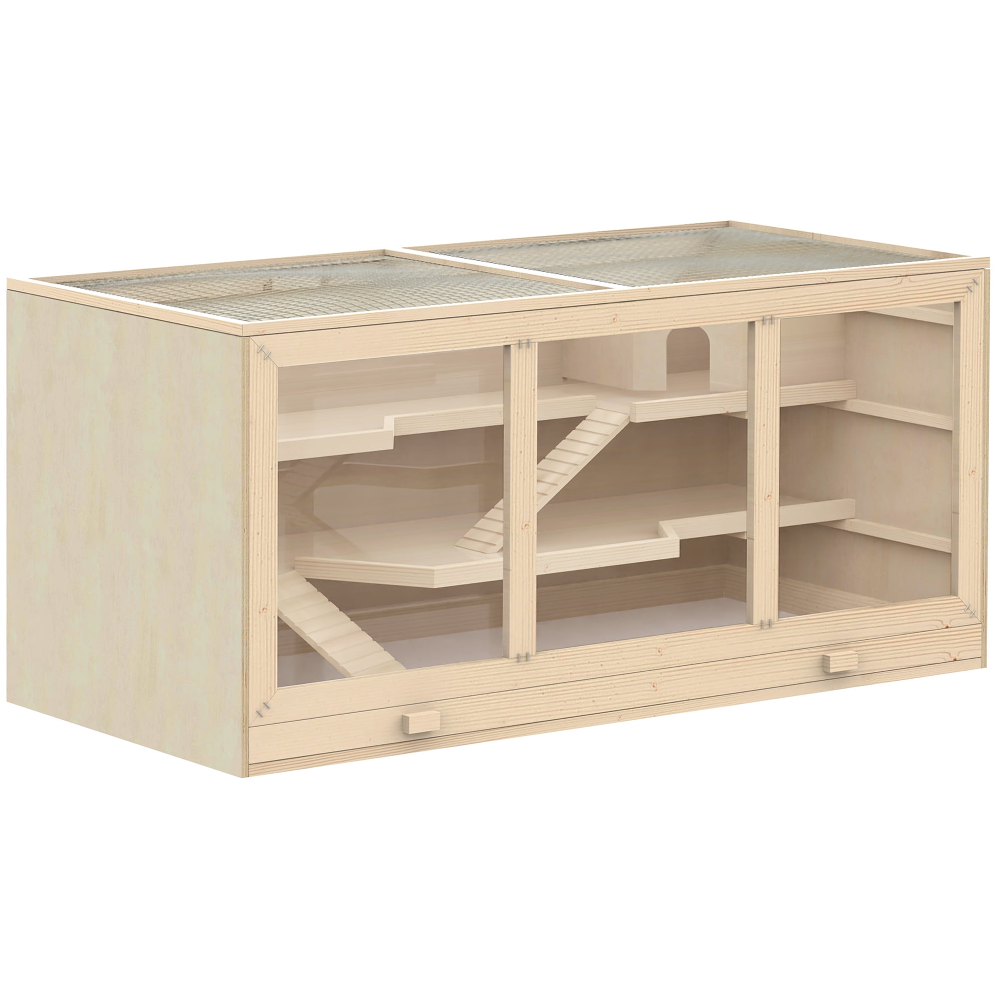 Extra Large Wooden Hamster Cage, Gerbil Cage, and Other Small Animal Habitat, Hamster Habitat with Opening Roof, Hut, Ramps, Natural