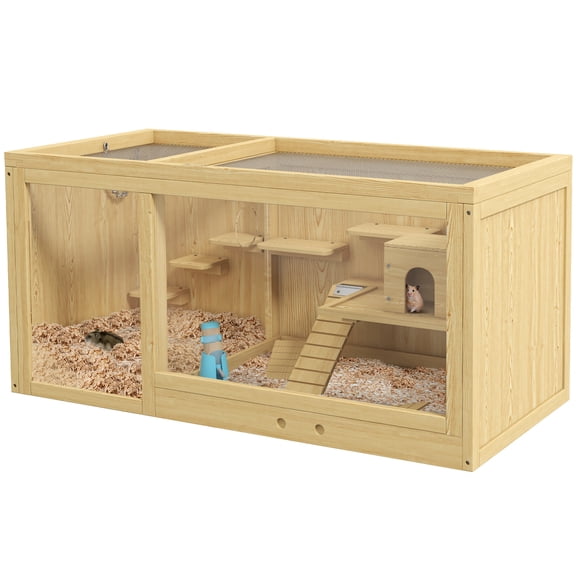 Extra Large Wooden Hamster Cage with Pull-Out Tray, Multi-Level Small Animal Habitat for Dwarf Hamster and Gerbil, Activity Center with Seesaws and Ladder, Natural Finish