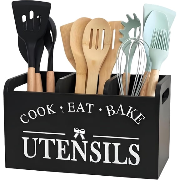 Extra Large Wooden Kitchen Utensil Holder, Farmhouse Rustic Black Utensil Crock, Countertop Organizer for Cooking Tools Storage