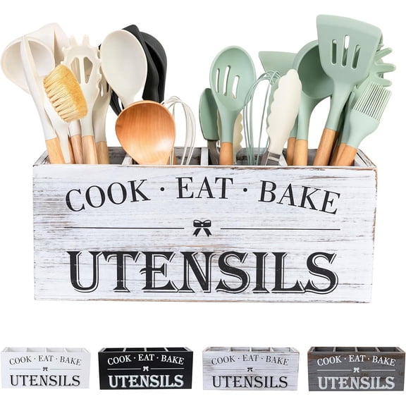 Extra Large Wooden Kitchen Utensil Holder, Farmhouse Rustic White Utensil Crock, Countertop Organizer for Cooking Tools Storage