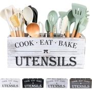 Extra Large Wooden Kitchen Utensil Holder, Farmhouse Rustic White Utensil Crock, Countertop Organizer for Cooking Tools Storage