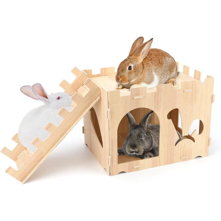 Extra Large Wooden Rabbit Castle Bunny House and Hideouts Detachable Small Animal Play Hideaway Hut for Indoor Adult Rabbit Guinea Pig Chinchilla Habitat