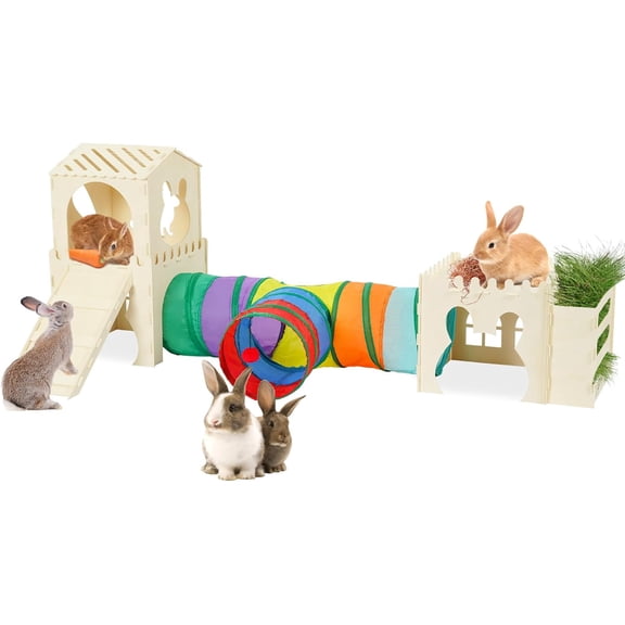 Extra Large Wooden Rabbit Hideout with Tunnels & Hay Feeder – Multi-Story Bunny Castle with Stairs, Climbing Tower & Sturdy Habitat for Indoor Bunnies, Guinea Pigs & Chinchillas