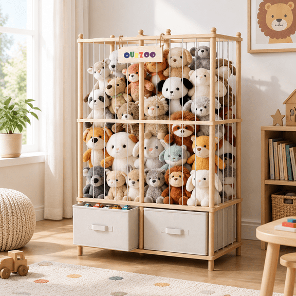 Extra Large Wooden Stuffed Animal Storage Zoo Organizer with Removable Bins
