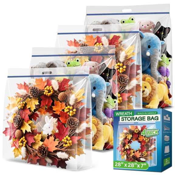 Extra Large Wreath Storage Bag – 28"x28"x7" Clear Plastic Bag with Handle, 4-Pack, Airtight Seal, Foldable Holiday Decoration Organizer for Christmas, Garland, Ornaments & Seasonal Décor