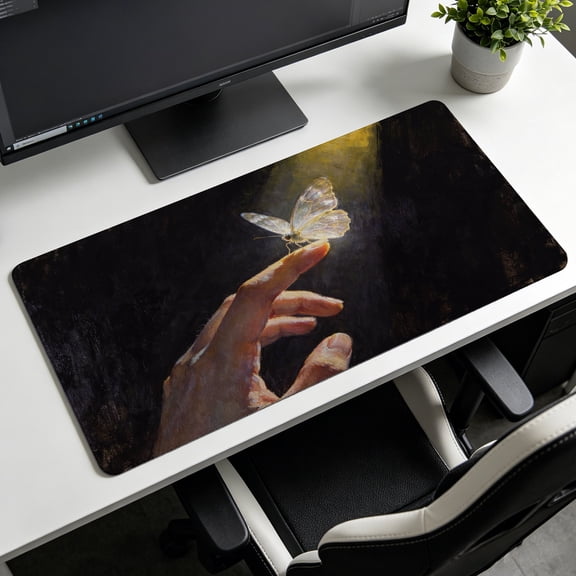 Extra Large artistic butterfly landing on finger oil painting Mouse Pad,Non Slip Rubber Pad,Desktop Decoration Drotection Pad,Washable,Lock Edge Multi Size,Premium Multipurpose Mousepad