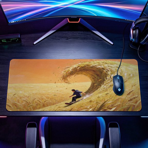 Extra Large artistic wheat field wave surfing landscape Mouse Pad，Non Slip Rubber Pad，Desktop Decoration Drotection Pad，Washable，Lock Edge Multi Size，Premium Multipurpose Mousepad