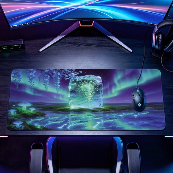 Extra Large aurora borealis ice crystal and glowing forest Mouse Pad，Non Slip Rubber Pad，Desktop Decoration Drotection Pad，Washable，Lock Edge Multi Size，Premium Multipurpose Mousepad