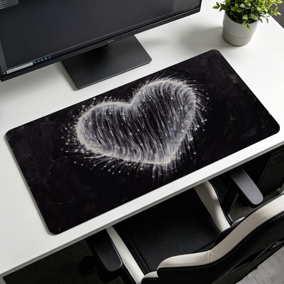 Extra Large black and white artistic heart brushstroke Mouse Pad,Non Slip Rubber Pad,Desktop Decoration Drotection Pad,Washable,Lock Edge Multi Size,Premium Multipurpose Mousepad