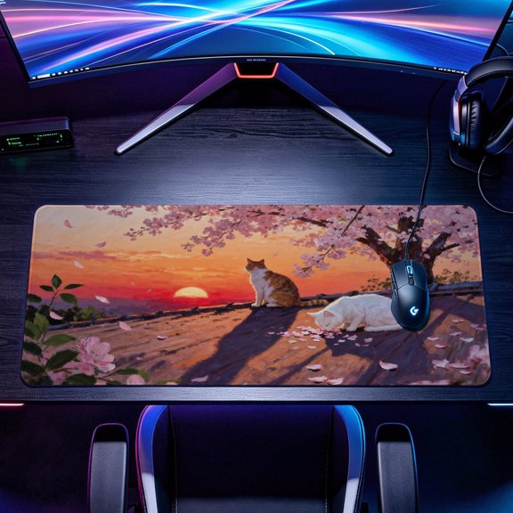 Extra Large cherry blossom sunset with cats Mouse Pad，Non Slip Rubber Pad，Desktop Decoration Drotection Pad，Washable，Lock Edge Multi Size，Premium Multipurpose Mousepad