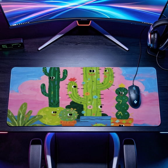 Extra Large colorful cartoon succulent cactus Mouse Pad，Non Slip Rubber Pad，Desktop Decoration Drotection Pad，Washable，Lock Edge Multi Size，Premium Multipurpose Mousepad