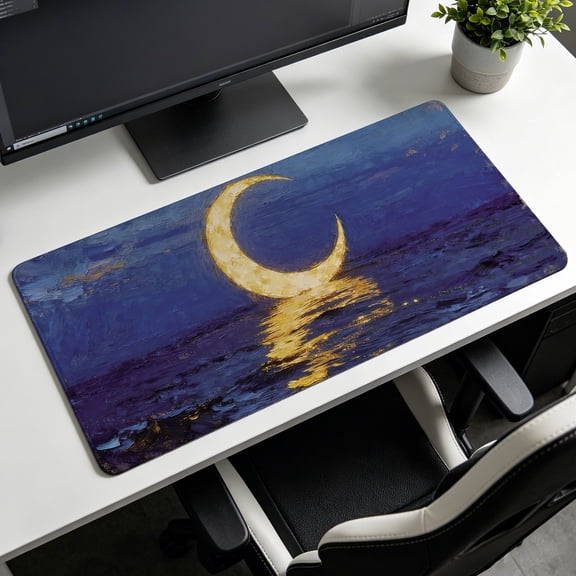 Extra Large crescent moon over dark ocean oil painting Mouse Pad,Non Slip Rubber Pad,Desktop Decoration Drotection Pad,Washable,Lock Edge Multi Size,Premium Multipurpose Mousepad
